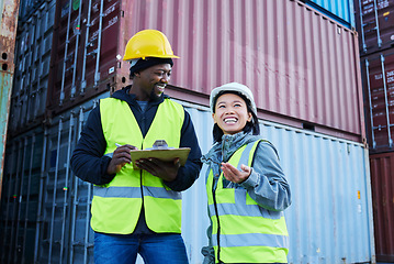 Image showing Warehouse, management and cargo stock with man and woman discuss checklist and laughing at factory plant. Logistics, shipping and colleagues working on supply chain delivery for ecommerce container