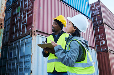 Image showing Logistics, shipping management and checklist for cargo stock with man and woman talking delivery at shipyard. Warehouse manager and colleague working on supply chain control for container inspection