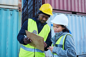 Image showing Logistics, clipboard and diversity team work on cargo, container and supply chain delivery or shipping inventory checklist. Collaboration, black man and asian woman check product stock or export data