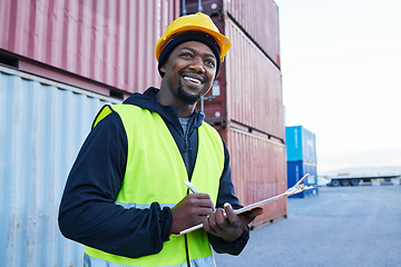 Image showing Inspection, logistics and black man thinking of delivery, stock and shipping cargo while working at a port. African supply chain worker writing notes about container and distribution at a warehouse