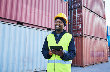 Image showing Tablet, logistics and shipping with a supply chain black man manager working on a commercial container dock outside. Internet, freight and cargo with a male courier at work in an export storage yard