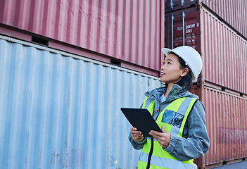 Image showing Delivery, logistics and woman on tablet for container inspection with stock, cargo or inventory checklist. Warehouse, industrial and supply chain worker working at a distribution customs job outdoors