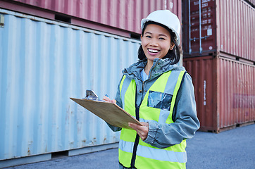 Image showing Logistics, inspection and worker working at shipping warehouse and doing inventory check while at work at port. Portrait of an Asian construction employee with smile and notes on manufacturing stock