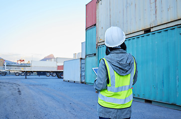 Image showing Back view, delivery and woman in logistics working on container inspection at export delivery supply chain warehouse. Industry worker with stock, inventory and cargo checklist for distribution in USA