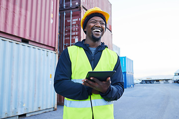 Image showing Logistics, tablet and black man planning shipping of container with stock on technology at a port. Happy African distribution worker working on inspection of cargo and freight at an outdoor warehouse