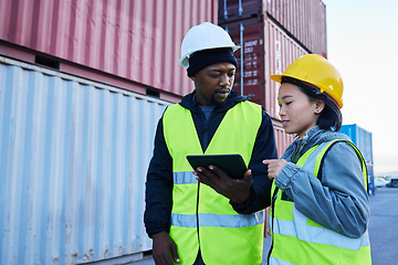 Image showing Logistics, supply chain and shipping team with tablet planning delivery schedule online at a port. Cargo or contractor in teamwork working with technology and container for transport or export