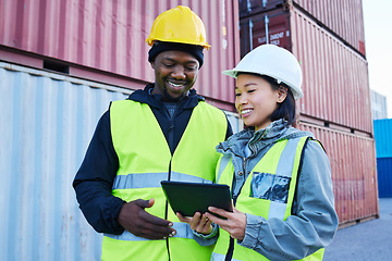 Image showing Logistics, cargo and diversity team with tablet check world, global or international tech data of shipping, delivery or stock. Container, collaboration and supply chain industry man and woman working