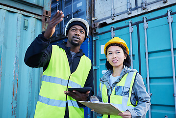 Image showing Logistics, checklist and delivery manager in communication with industry worker stock, cargo and inventory inspection. Teamwork, woman and African man talking about export shipping containers report