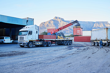 Image showing Container, logistics and truck for transport of cargo, stock or manufacturing delivery at a warehouse. Transportation of freight for distribution, shipping and ecommerce at an industrial factory