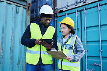 Image showing Shipping logistics checklist, tablet for inventory management used by black man and asian woman for freight container distribution. Delivery courier check cargo, import and export of commercial stock