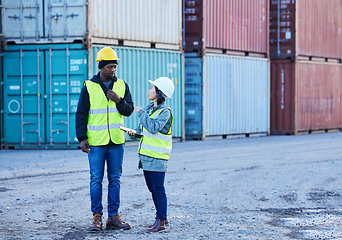 Image showing Shipping, logistics and supply chain with a man and woman courier talking in a container port for distribution. Cargo, freight and service delivery with team at work in the stock and export industry