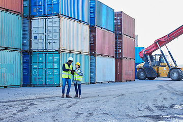 Image showing Delivery, logistics and leader coaching at a container supply chain warehouse outdoors for stock inspection. Forklift, woman and black man planning cargo, product and manufacturing shipping in Dallas