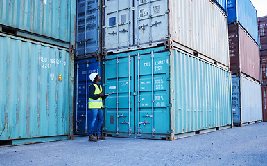 Image showing Shipping, stock and cargo management with man writing checklist at warehouse. Supply chain, container and male inspector checking delivery for ecommerce order, logistics and storage distribution