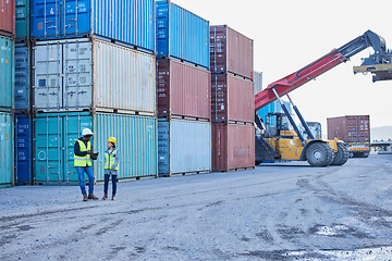 Image showing Logistics, forklift and manager and worker at container supply chain, delivery and shipping distribution warehouse. Foreman coaching industry employee on cargo, stock and inventory at port in Dallas