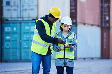 Image showing People in construction with tablet, supply chain team collaboration and export distribution digital innovation. Industrial freight logistics, port workers in shipping with 5g wifi and cargo container