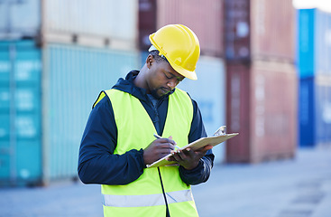 Image showing Logistics, shipping and checklist by man manager checking stock and delivery schedule at supply chain factory. Management, cardio and container inspector writing on clipboard notes for inventory