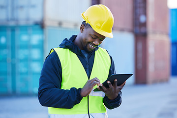 Image showing Logistics, tablet and black man doing container shipping at an industrial cargo, shipping and freight supply chain. Delivery manager or stock service worker working at distribution trade port outdoor