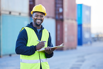 Image showing Checklist of logistics, shipping and supply chain manager smile and happy while working at an international trade port. Black man with portriat for industrial cargo or container export or transport