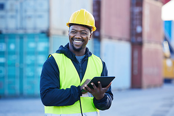 Image showing Logistics, tablet and black man shipping cargo on the internet while working at an outdoor warehouse. African industrial engineer thinking of strategy for distribution of stock on the web at a port