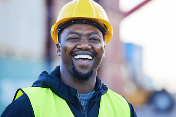 Image showing Portrait, logistics and black man smile with helmet or hard hat at shipyard and confident at work. Shipping, business man and manager happy at warehouse, cargo storage or containers for supply chain.