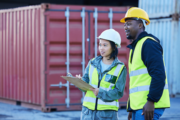 Image showing Shipping logistics team, manufacturing planning and work collaboration in supply chain, industrial cargo and production inspection. Factory port man, woman and distribution industry freight checklist