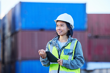 Image showing Cargo, logistics and shipping employee with tablet for digital checklist on container port for international transport. Asian woman industrial export manager working with inventory check with tech