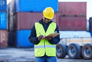 Image showing Cargo, supply chain and logistics manager black man with checklist, freight shipping management or compliance safety documents. Supplier, industry worker and container export transportation warehouse