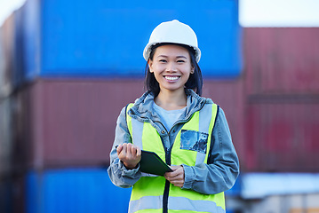 Image showing Logistics, asian and woman with tablet, container and check shipping delivery of cargo, product or stock data. Supply chain, smile and portrait of happy industry worker with mobile digital checklist