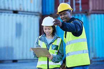 Image showing Cargo, shipping and logistics workers with checklist for international and global cargo transport at a port. Teamwork, collaboration and delivery industry employees talk, communication and inventory