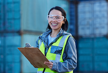 Image showing Construction worker in supply chain logistics, success in woman empowerment and freight shipping container port. Contractor stock inventory, happy maintenance asian engineer and export distribution