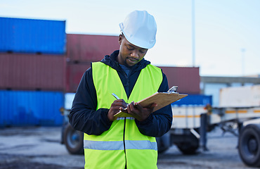 Image showing Engineer, cargo and black man writing shipping or delivery inspection report for control at shipyard by warehouse foreman. African supply chain worker doing import export distribution at port