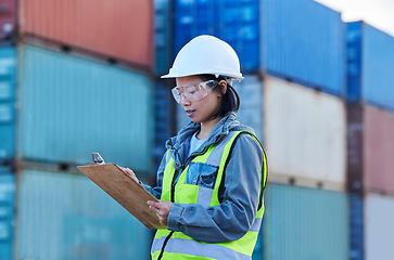 Image showing Woman logistic worker, shipping checklist and working at shipyard freight container distribution port. Stock management, supply chain for import and export of international commercial cargo delivery