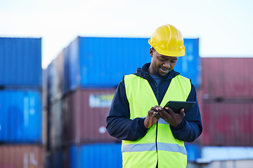 Image showing Logistics, digital tablet and black man in supply chain management at shipping, cargo or freight warehouse. Industrial engineer worker with software app for export, distribution or storage technology