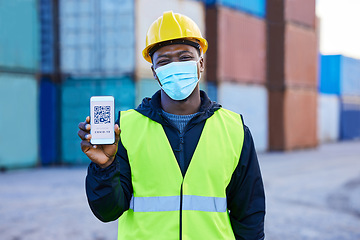 Image showing Man, worker and covid health qr code passport on phone of immunity at work site in portrait. Black, shipping employee vaccine digital certificate in a mask and disease prevention in pandemic.