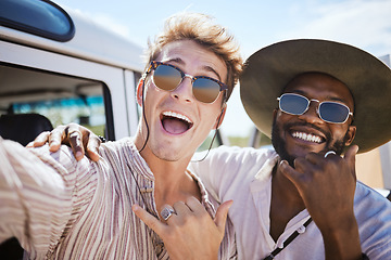 Image showing Friends, travel and selfie by men on a road trip adventure in summer, relax and bonding in nature. Freedom, fun and diverse people smile and pose for photo, cheerful and happy in the countryside