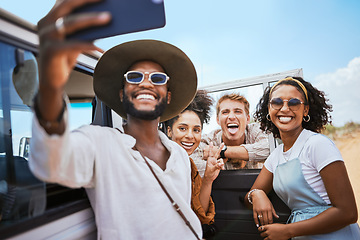 Image showing Phone selfie, friendship and car road trip or nature safari holiday travel in Africa together happy for adventure. Mobile photography of excited men, women or young group of people on summer vacation