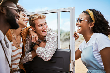 Image showing Friends, travel and nature road trip, holiday or summer adventure vacation spending outdoors time together. Happy, smile and people in car traveling on dirt road, bonding or fun enjoying conversation