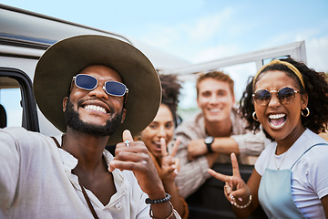 Image showing Travel, adventure and selfie with friends celebrating freedom and showing hand peace sign outdoors. Diversity, nature and fun with happy men and women on a road trip, bonding and enjoying vacation