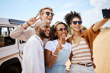 Image showing Travel, friends and peace selfie on smartphone for South African safari bonding memory together. Holiday people in diverse friendship capture memories on road adventure with mobile photograph.