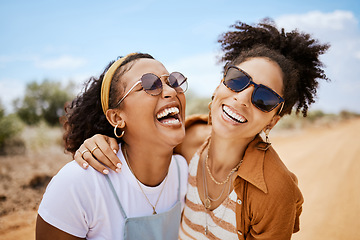 Image showing Girl friends, hug and travel summer vacation outdoors on safari. Diverse happy gen z women friendship, love embrace and support or comic care free together on holiday fun lifestyle activity