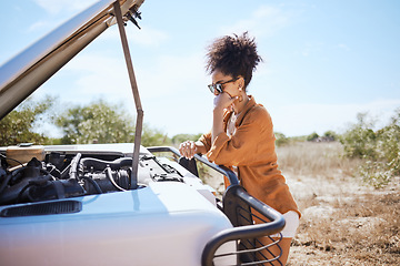 Image showing Road trip, engine and woman with car problem during holiday in nature. Sad African girl with anxiety about accident, battery fail and emergency with transportation while on a safari in Africa