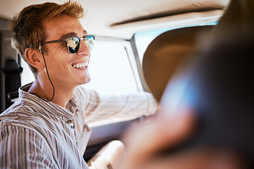 Image showing Road trip, friends and man relax in a car, bonding with driver in the passenger seat. Freedom, summer and adventure with smiling man enjoying vacation and drive in city, laughing, joking and cheerful