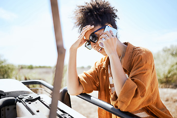 Image showing Phone call, car, and woman talking about problem with transport on road trip in nature. Girl with stress speaking to insurance on mobile about accident or transportation emergency in South Africa