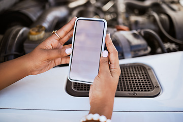 Image showing Phone, mockup, with hand of black woman and communication and networking with car service for emergency. Search mobile app, empty and smartphone 5g technology to contact us and with internet access.