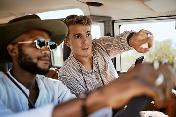 Image showing Travel, pointing and diversity friends in car for road trip, fun adventure and friendship tour of Australia safari. Relax, vacation, or young people in motor vehicle for transport, freedom or holiday