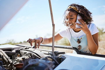 Image showing Car trouble, phone call and woman call for help on road trip, stuck a street and looking at the engine. Stop, stress and anxiety with black woman in the countryside, nervous driver traveling alone