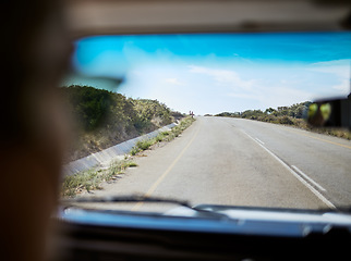 Image showing Road, windscreen and travel in South Africa for vacation adventure or journey in the outdoors. Traveling street in nature freedom for summer trip or leave the countryside for a new start