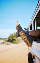 Image showing Shoes, window and and road trip in the countryside with person relax and traveling in nature. Travel, freedom and summer holiday with boots of traveller in Mexico, enjoy journey, drive and adventure