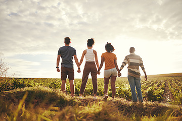 Image showing Farm, ecology and sustainability people holding hands for love, earth day care and support with nature and cloud sky mockup. Friends farming experience or countryside travel with hope for agriculture