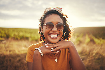 Image showing Face smile, black woman and countryside sunglasses, summer vacation or holiday. Portrait, travel and happy female from Brazil having fun outdoors, freedom and relax in nature enjoying time alone.